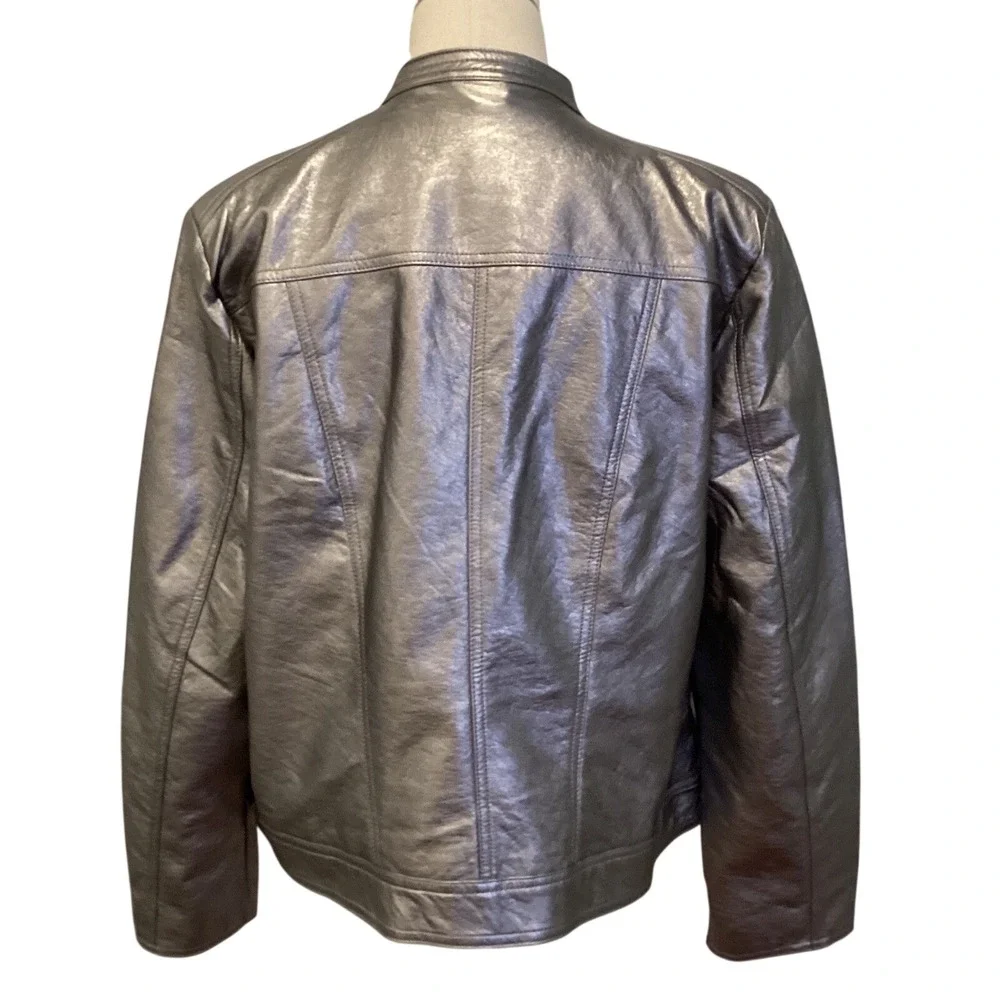Vera Wang Faux Leather Bomber Moto Jacket -‎ Metallic Gray/Silver - Size XL